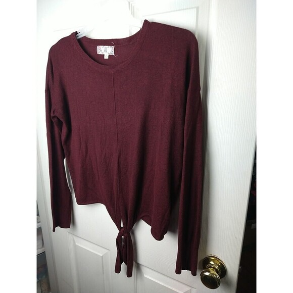 Pink Rose Burgundy Long Sleeve Front Tie Lightweight Sweater. Size L - Picture 2 of 10